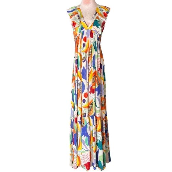 OLIPHANT Ruffle V-Neck Maxi in Papaya Yellow, Silk Blend. Vibrant! Size XS. NWT! - Picture 5 of 16